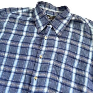 Vtg Ike Behar 100% Linen Dress Shirt Men Large Blue Plaid Relaxed Made in USA